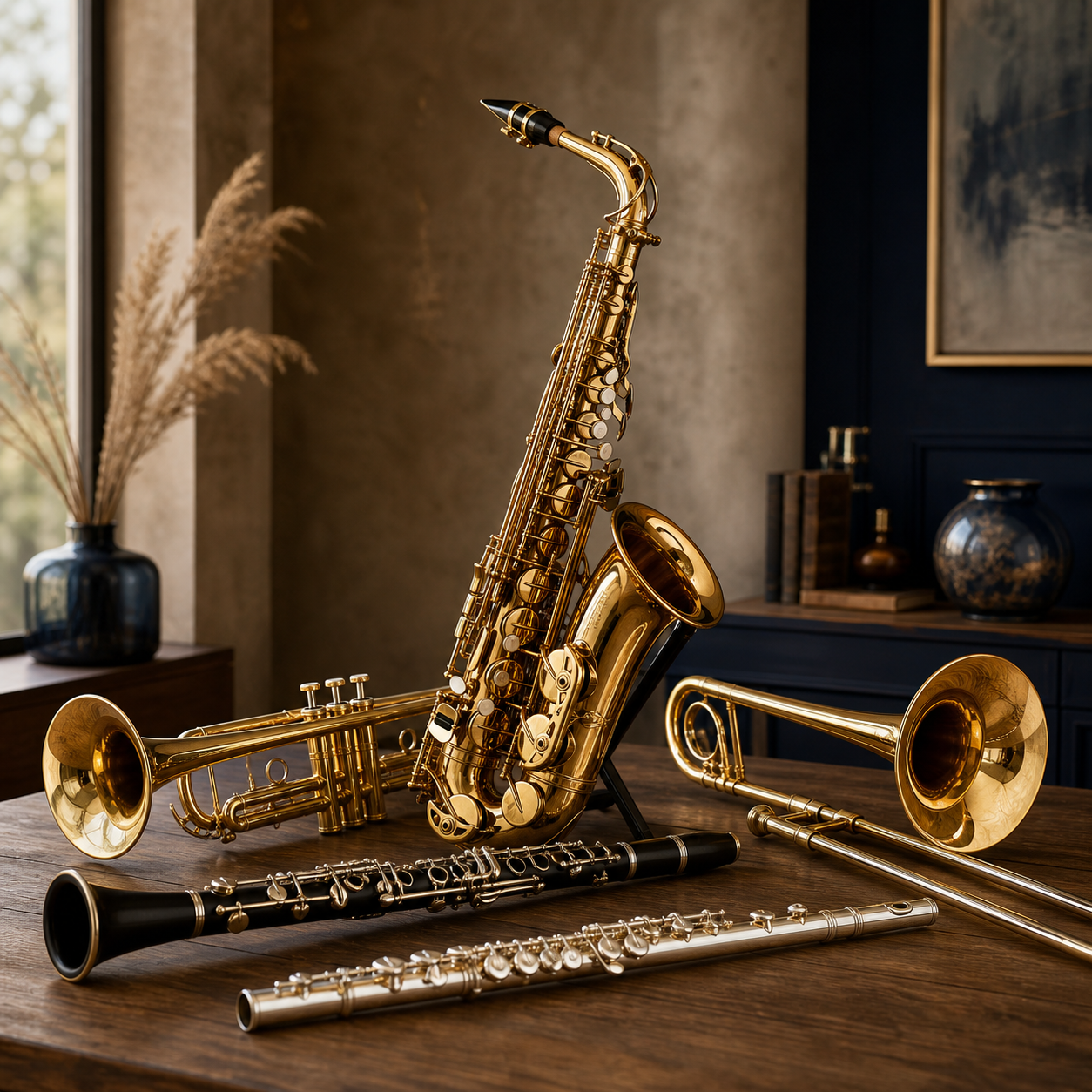 Blaasinstrumenten zoals saxofoon, trompet, trombone, klarinet en dwarsfluit